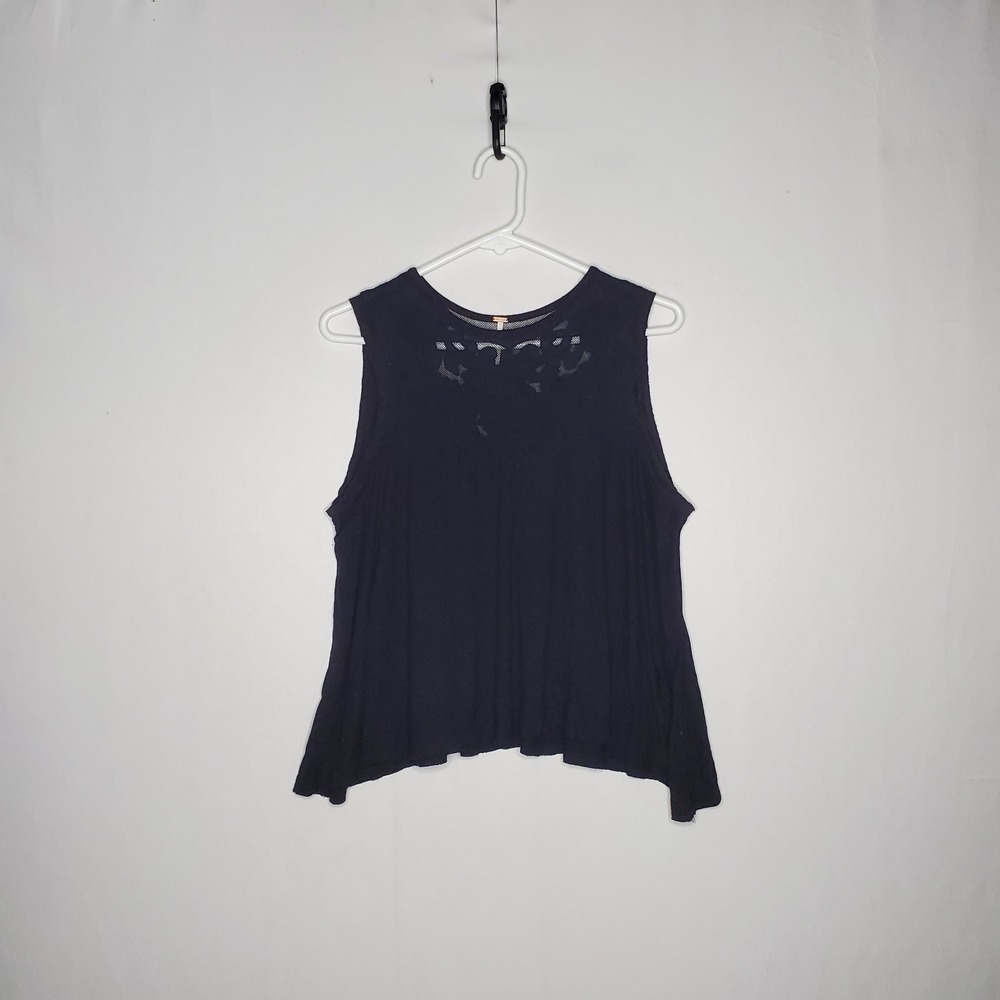 Free People Lace Yoke Swing Tank Top Women XS Black Oversized Boho Romantic 00s